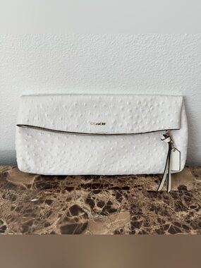 Coach White Ostrich-Embossed Leather Fold-Over Clutch with Gold Logo